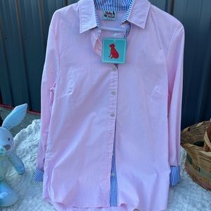 Pink 💕blue white striped details button up. Long top or mini dress 💕💕